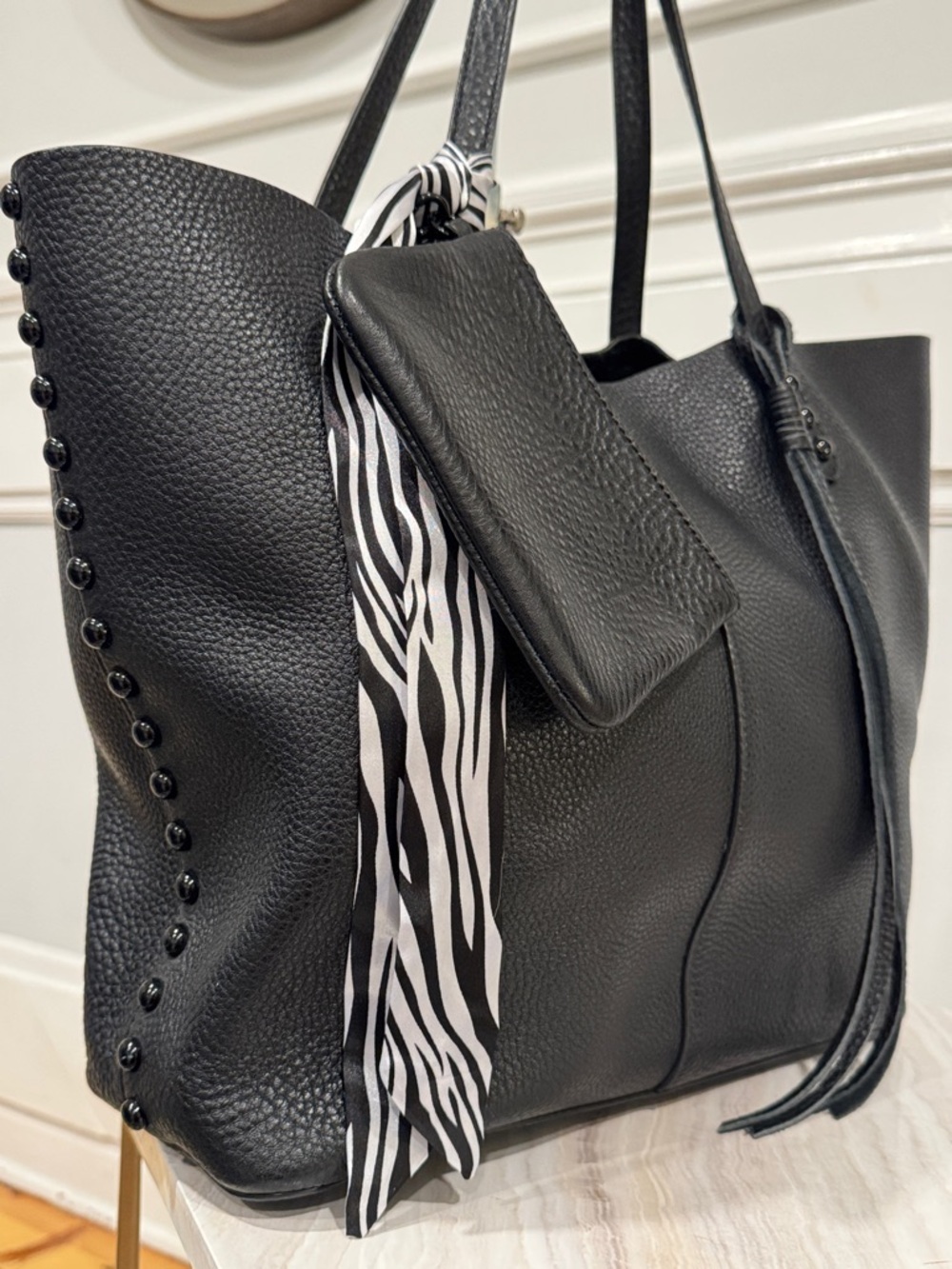 Rebecca Minkoff Black Studded Pebbled Leather Unlined Tote Wallet Set